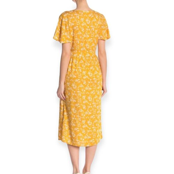 Mimi Chica Yellow Floral Tie Front Button Midi Dress Bell Sleeve Boho Sz Medium - Picture 2 of 8